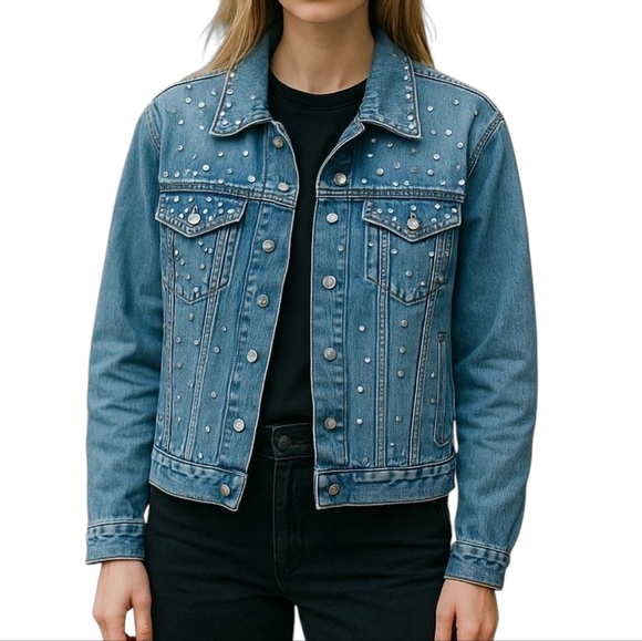 (Topshop)Topman Upcycled Denim Studded Jacket.  Size small - Picture 1 of 6